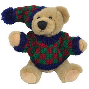 VTG Hugfun Brown Teddy Bear Plush Jointed 8'' Stuffed Toy Knit Sweater Hat 2000